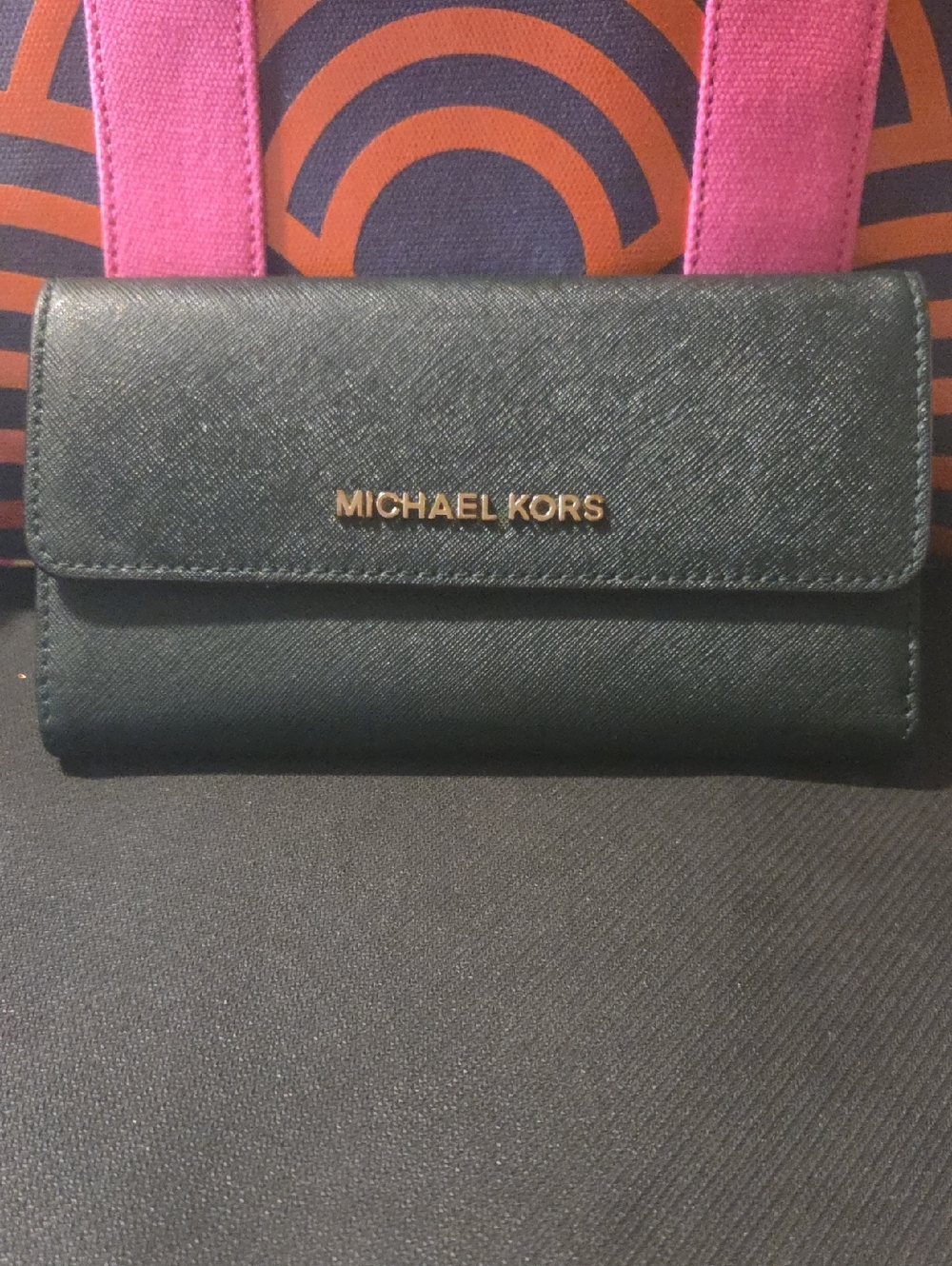 Michael Kors Forest Green Saffiano Leather Clutch Wallet with Gold Logo